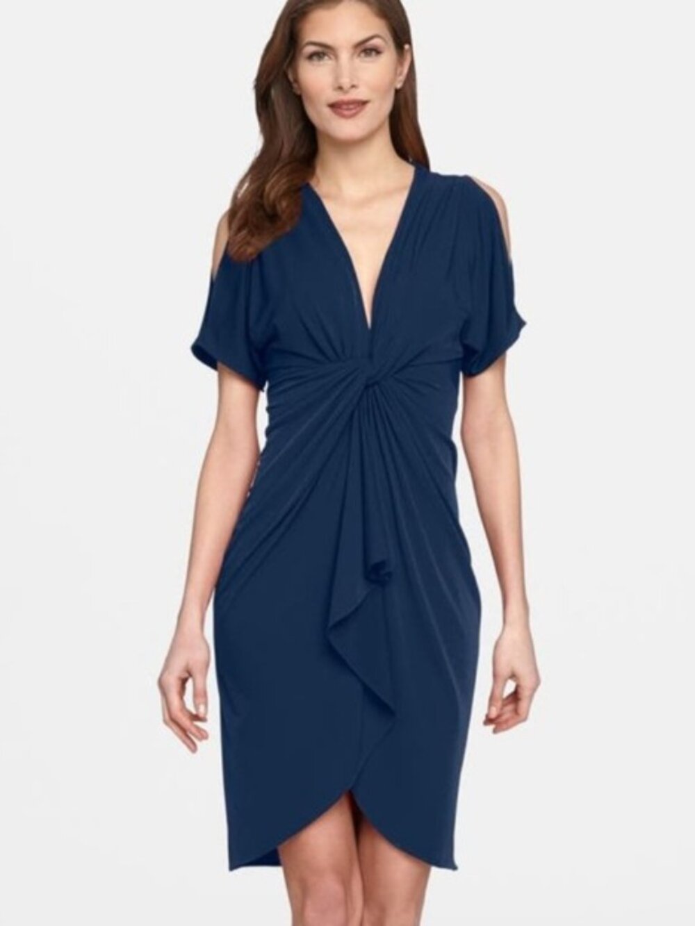 CATHERINE MALANDRINO Emily Cold Shoulder Twist Front Dress Navy Blue Size 6